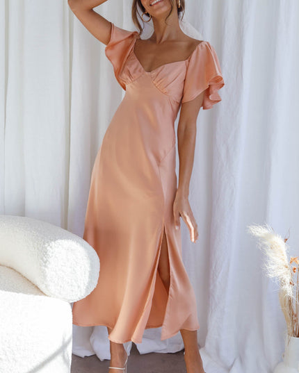 Apricot Flutter Sleeve Side Split Midi Dress