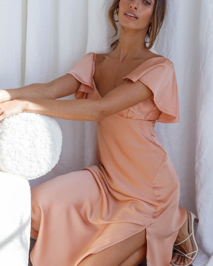 Apricot Flutter Sleeve Side Split Midi Dress