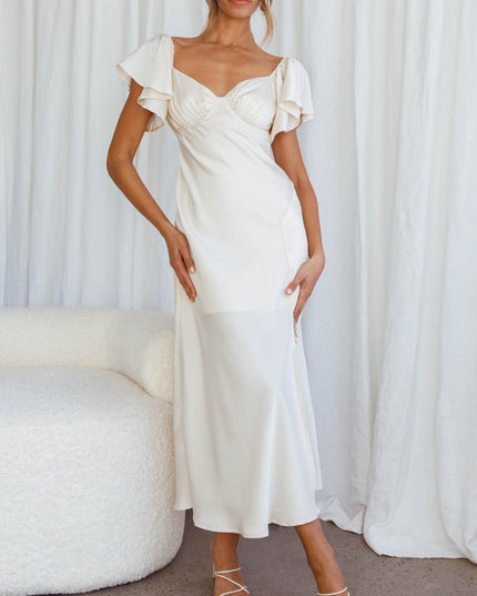 Ivory Flutter Sleeve Side Split Midi Dress