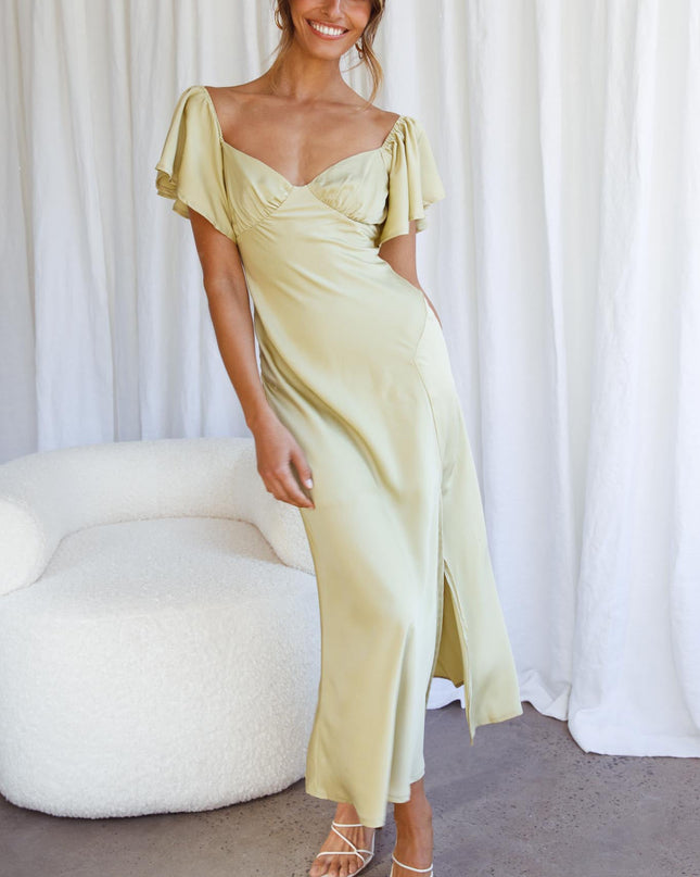 Matcha Flutter Sleeve Side Split Midi Dress