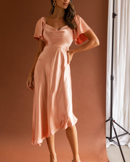 Peach Tied Back Asymmetrical Midi Dress