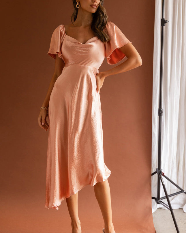 Peach Tied Back Asymmetrical Midi Dress