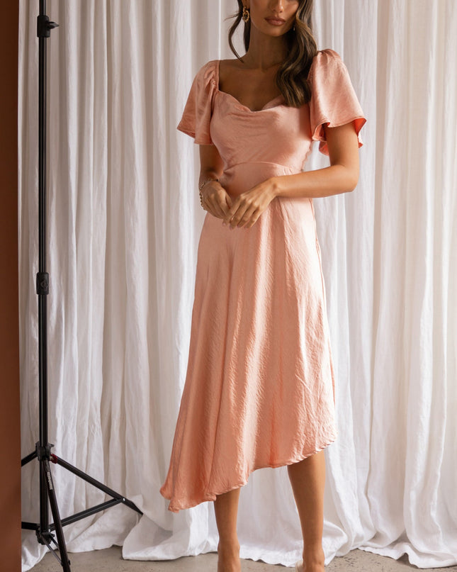 Peach Tied Back Asymmetrical Midi Dress
