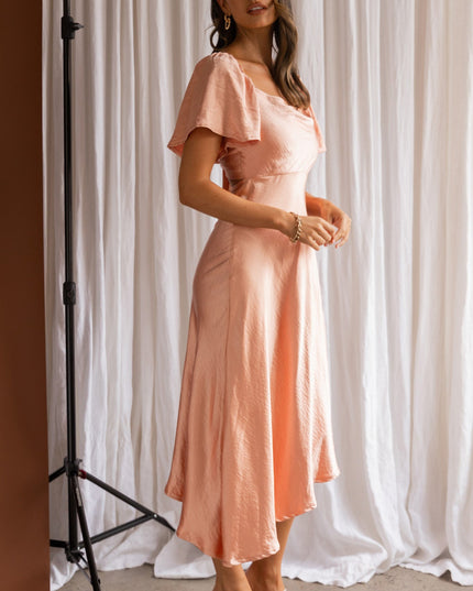 Peach Tied Back Asymmetrical Midi Dress
