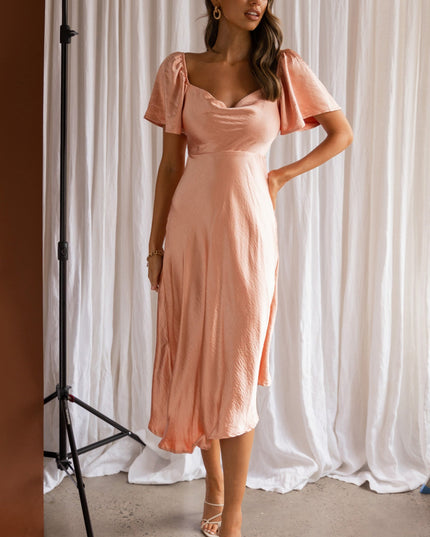 Peach Tied Back Asymmetrical Midi Dress