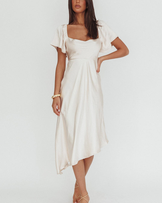Champagne Tied Back Asymmetrical Midi Dress