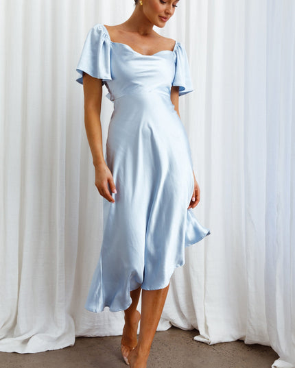 Steel Blue Tied Back Asymmetrical Midi Dress