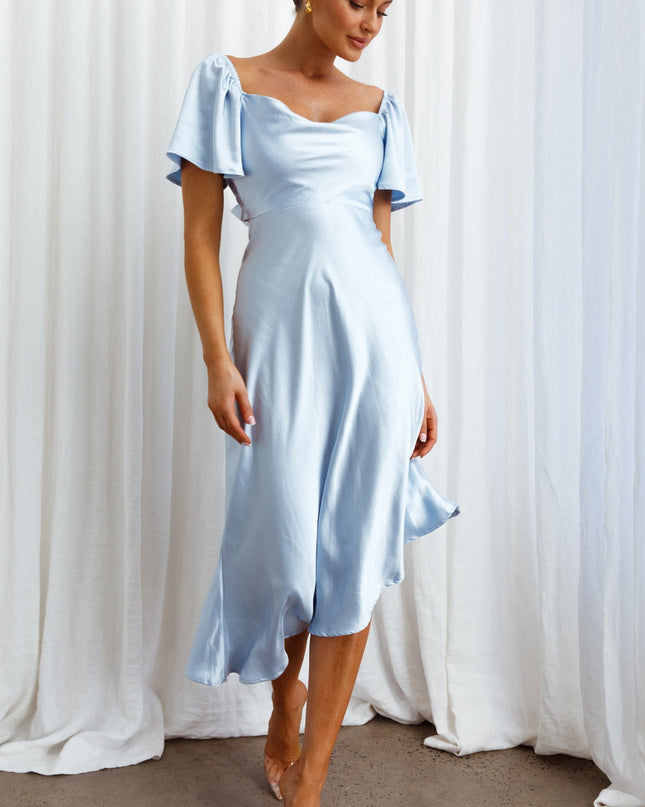 Steel Blue Tied Back Asymmetrical Midi Dress