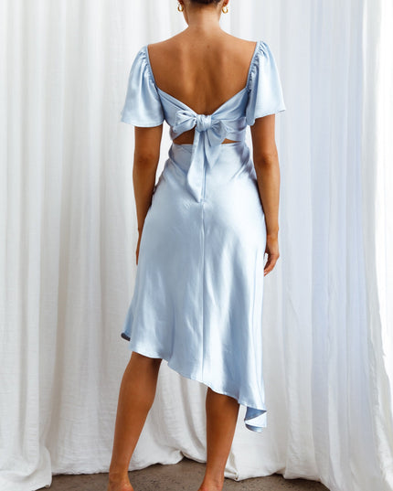 Steel Blue Tied Back Asymmetrical Midi Dress