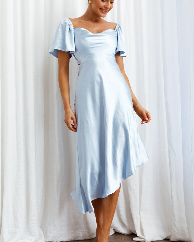 Steel Blue Tied Back Asymmetrical Midi Dress