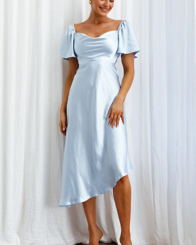 Steel Blue Tied Back Asymmetrical Midi Dress