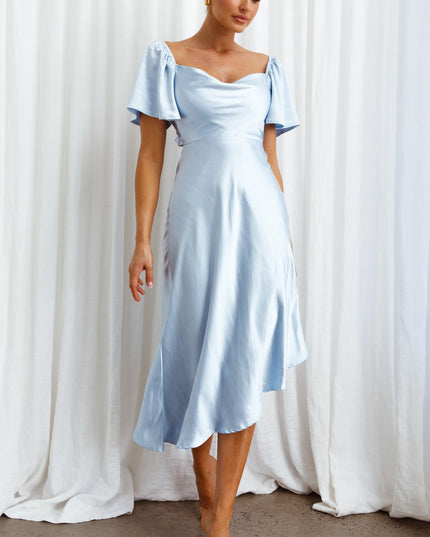 Steel Blue Tied Back Asymmetrical Midi Dress