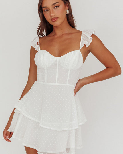 White Sweetheart Neckline Frill Strap Mini Dress Textured