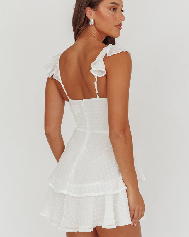 White Sweetheart Neckline Frill Strap Mini Dress Textured