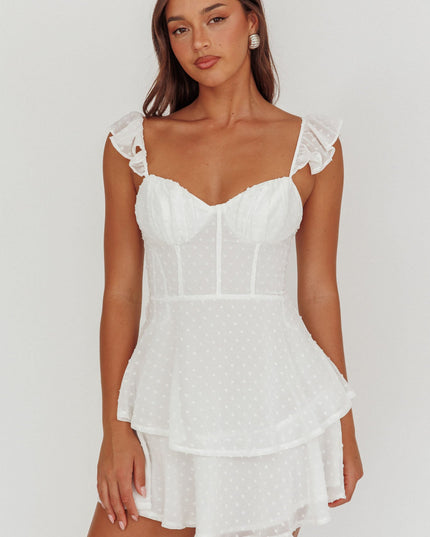 White Sweetheart Neckline Frill Strap Mini Dress Textured