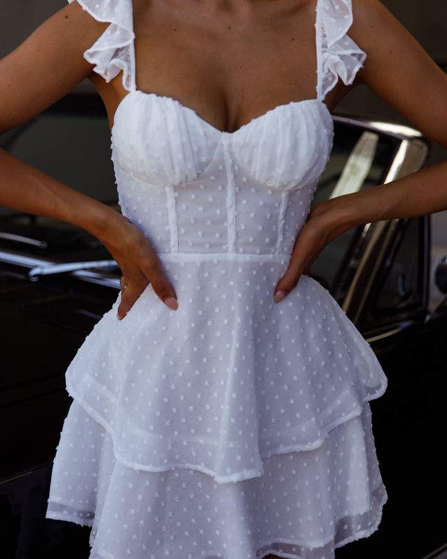 White Sweetheart Neckline Frill Strap Mini Dress Textured