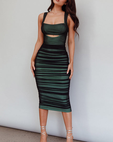 Green/Black Cut-Out Ruched Midi Dress