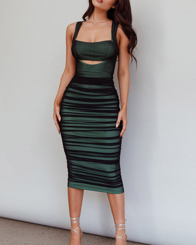 Green/Black Cut-Out Ruched Midi Dress
