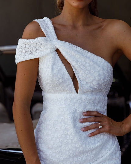 White Praises One-Shoulder Keyhole Bust Embroidery Mini Dress
