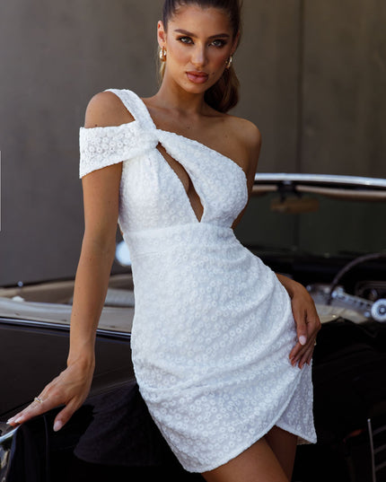 White Praises One-Shoulder Keyhole Bust Embroidery Mini Dress