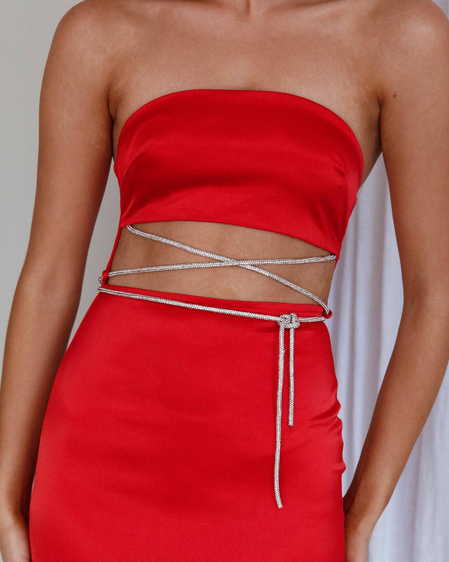 Red Strapless Diamante Maxi Dress
