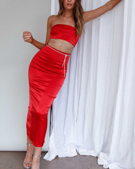 Red Strapless Diamante Maxi Dress