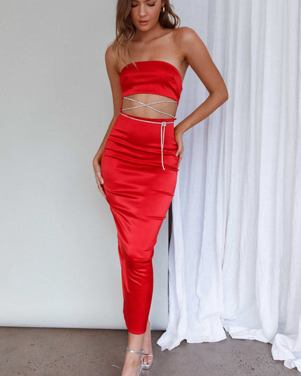 Red Strapless Diamante Maxi Dress