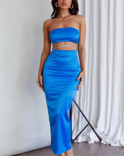 Blue Strapless Diamante Maxi Dress