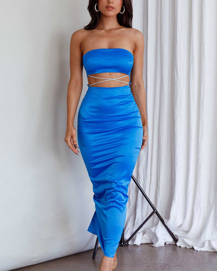 Blue Strapless Diamante Maxi Dress