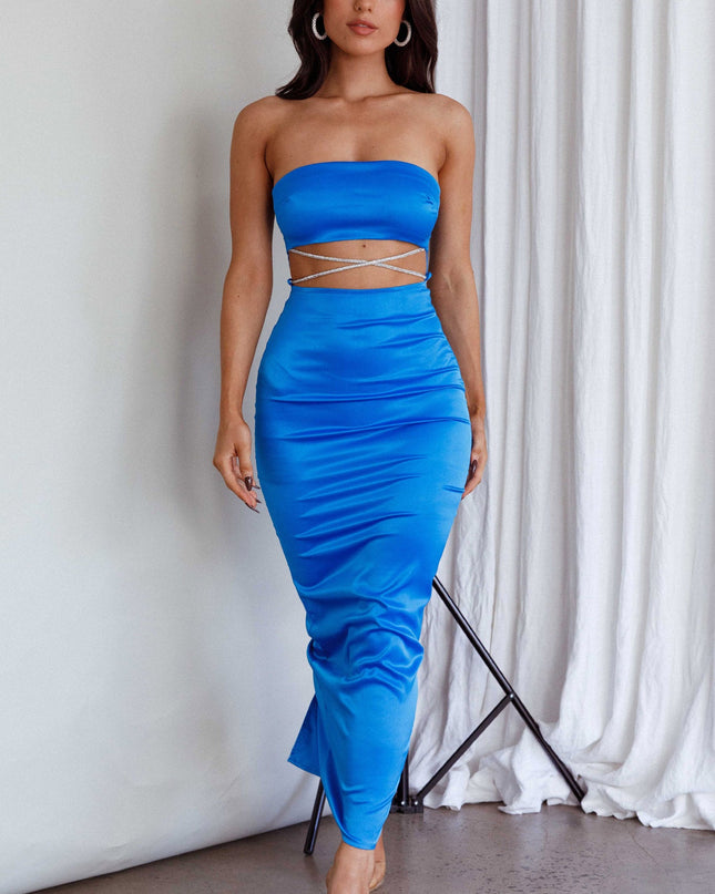 Blue Strapless Diamante Maxi Dress