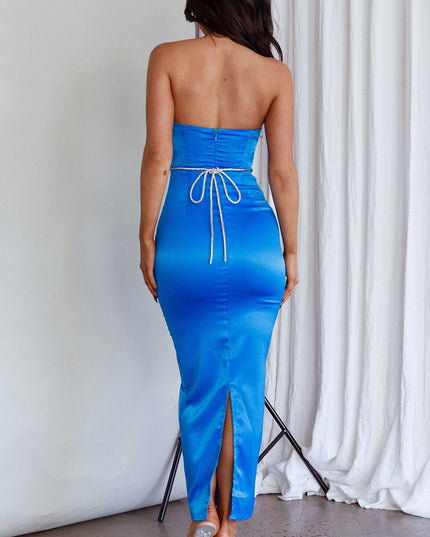 Blue Strapless Diamante Maxi Dress