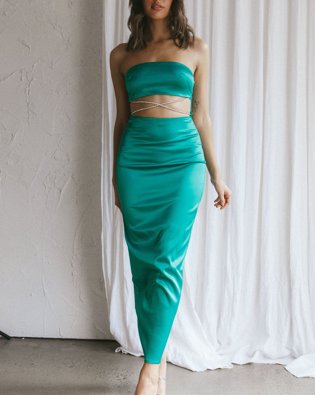 Green Strapless Diamante Maxi Dress