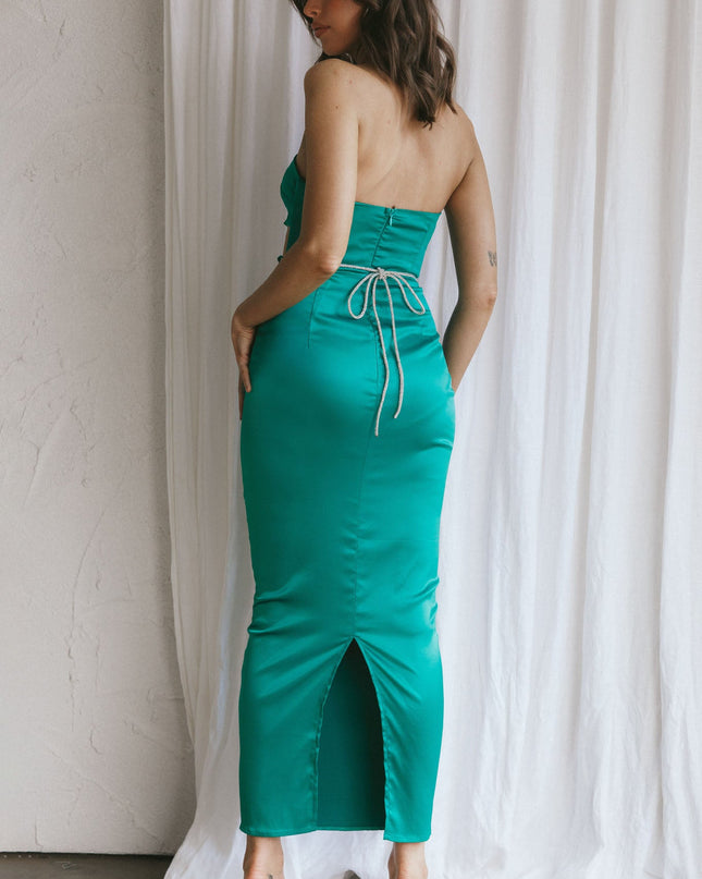 Green Strapless Diamante Maxi Dress
