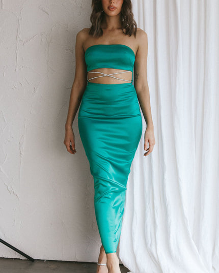 Green Strapless Diamante Maxi Dress
