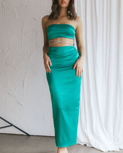 Green Strapless Diamante Maxi Dress