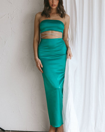 Green Strapless Diamante Maxi Dress