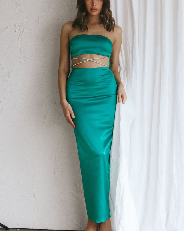 Green Strapless Diamante Maxi Dress