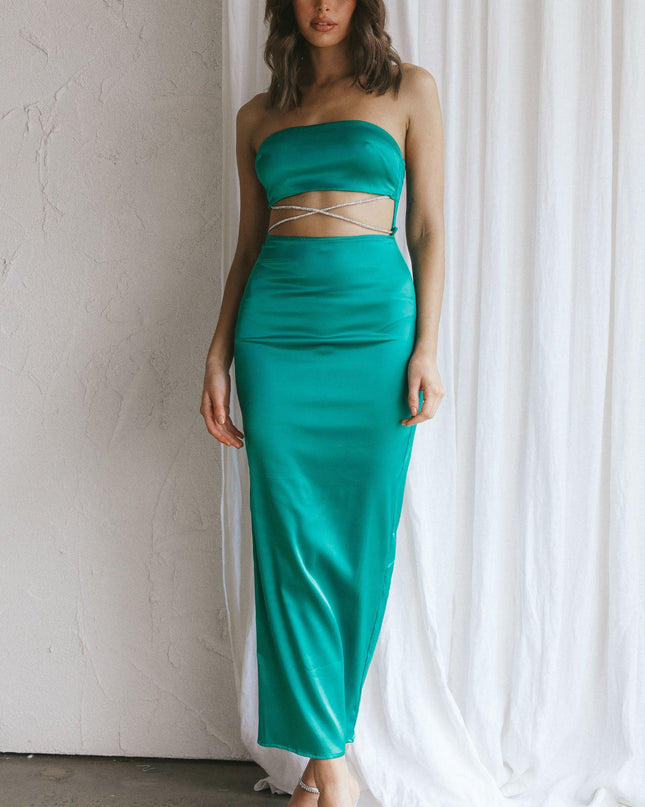 Green Strapless Diamante Maxi Dress