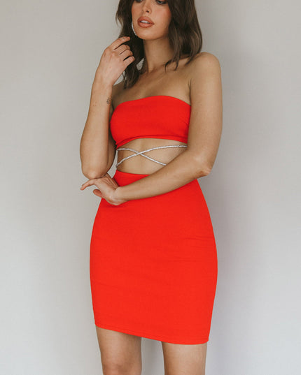 Red Strapless Diamante Mini Dress