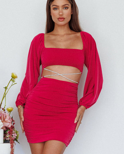 Plum Long Sleeve Diamante Mini Dress