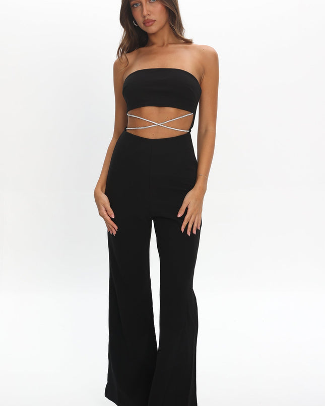 Black Strapless Diamante Jumpsuit