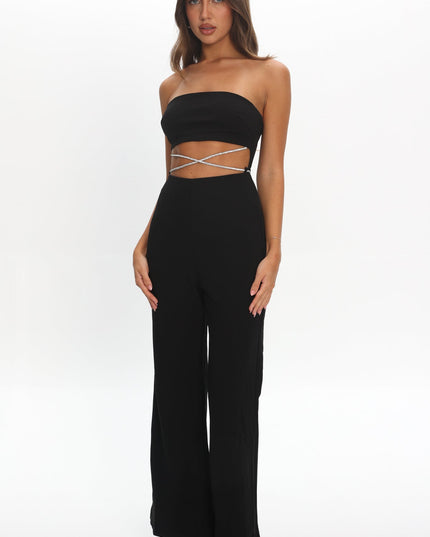Black Strapless Diamante Jumpsuit