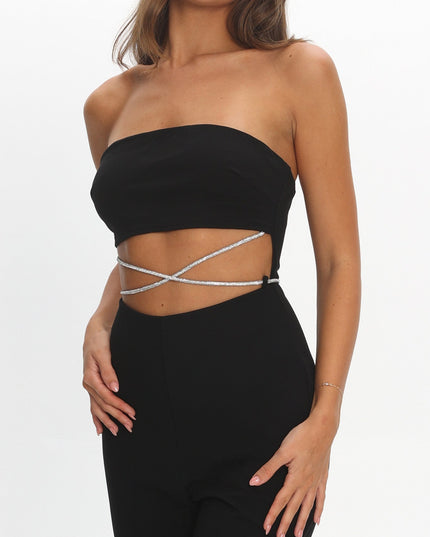 Black Strapless Diamante Jumpsuit