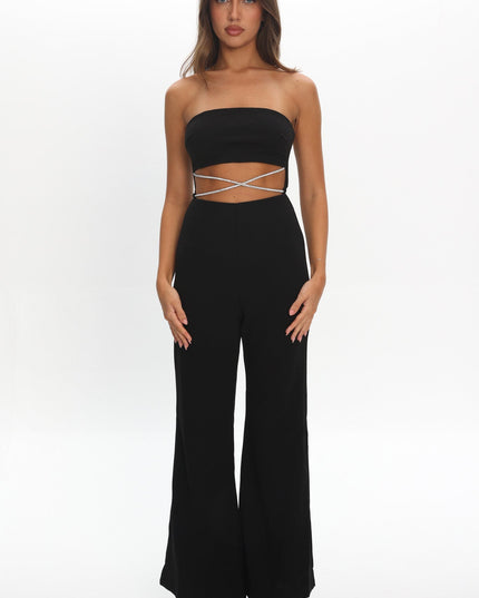 Black Strapless Diamante Jumpsuit