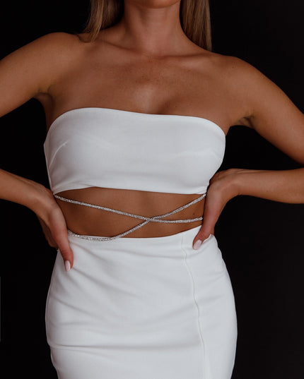 White Strapless Diamante Midi Dress