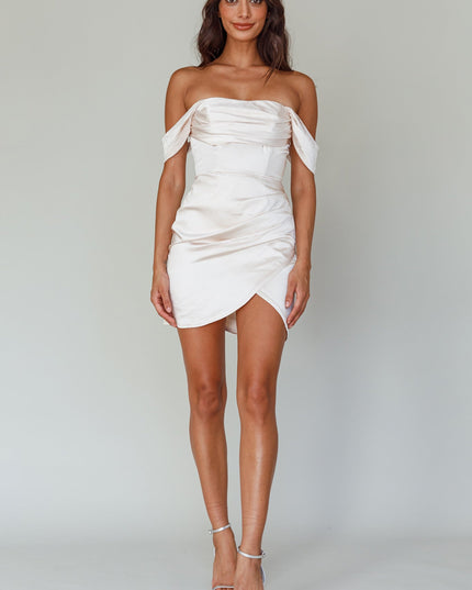 Champagne Remember Off-Shoulder Satin Dress