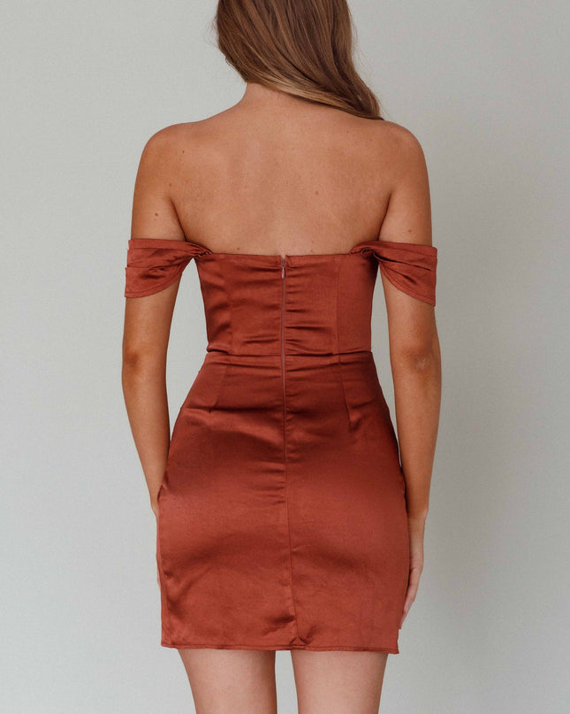 Chocolate Remember Off-Shoulder Satin Dress