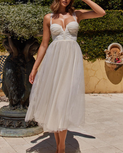 Butter Lace-Up Back Tulle Midi Dress