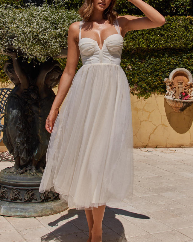 Butter Lace-Up Back Tulle Midi Dress