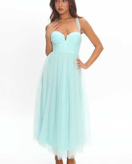 Mint Lace-Up Back Tulle Midi Dress
